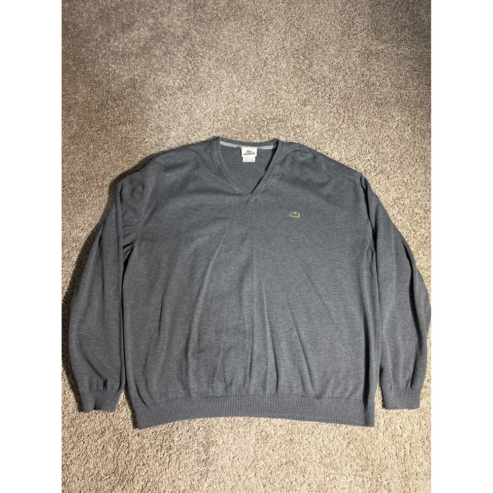 Lacoste Mens V-Neck Cotton Sweater Gray Heather F5178 Size 9 XXL